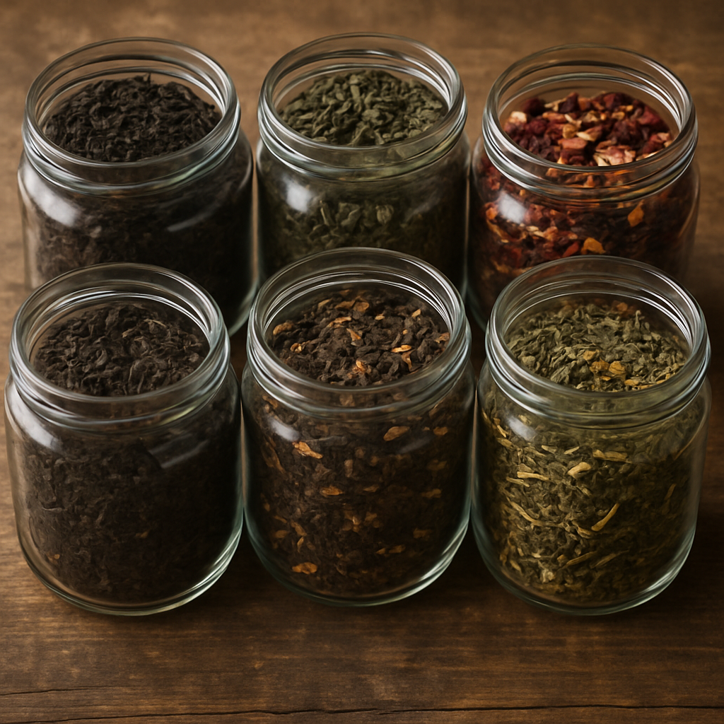 An assortment of loose leaf teas in jars