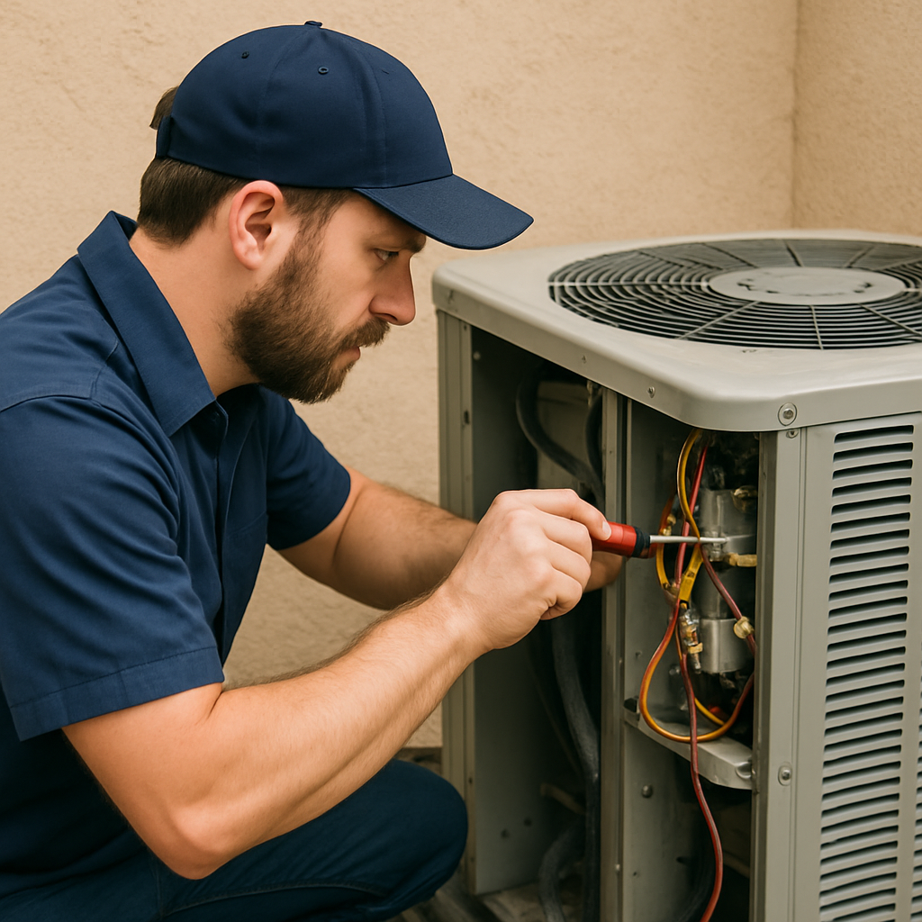 AC Technician Performing Maintenance - Outside AC Unit Needs Repair