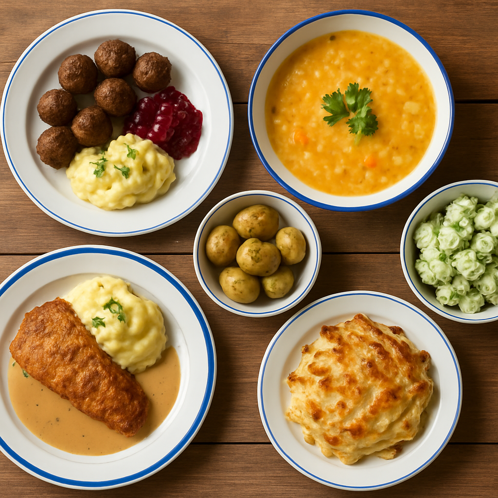 A variety of traditional Swedish husmanskost dishes served on a wooden table