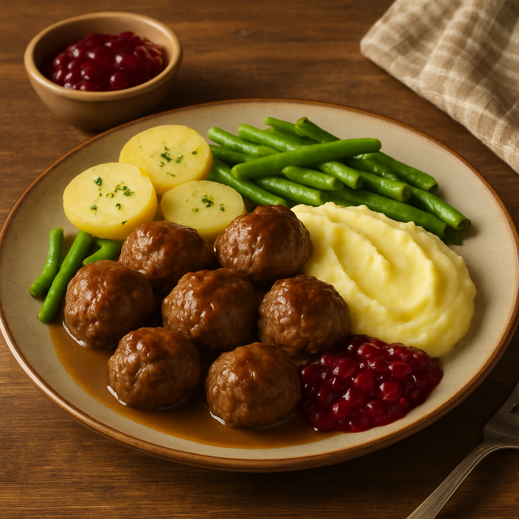 A traditional Swedish husmanskost meal with meatballs and lingonberry sauce