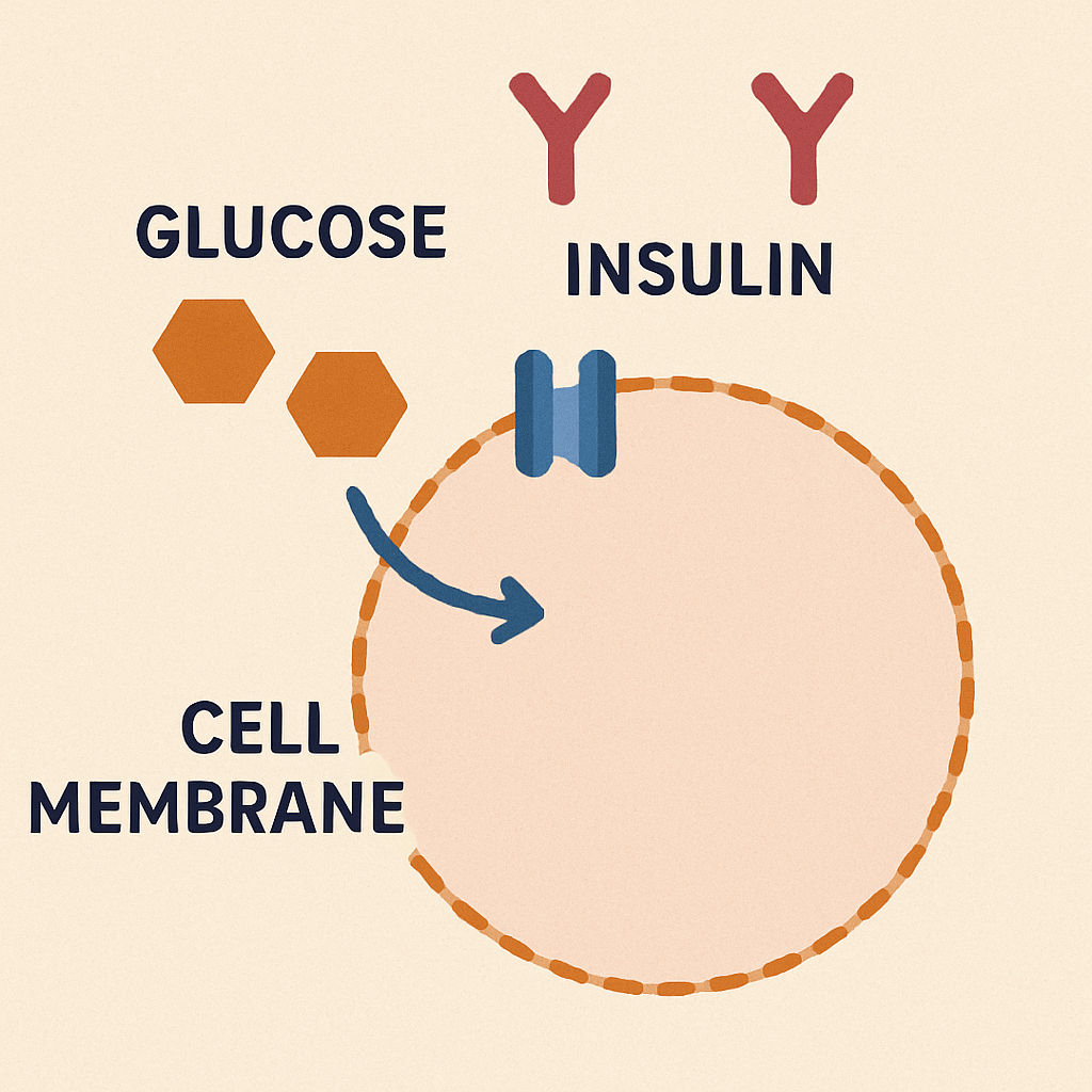 A diagram of glucose entering a cell with insulin assistance