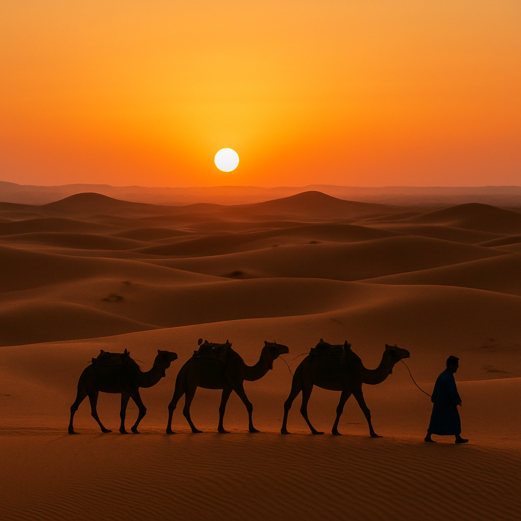 Paisaje de Marruecos con dunas de arena y camellos al atardecer