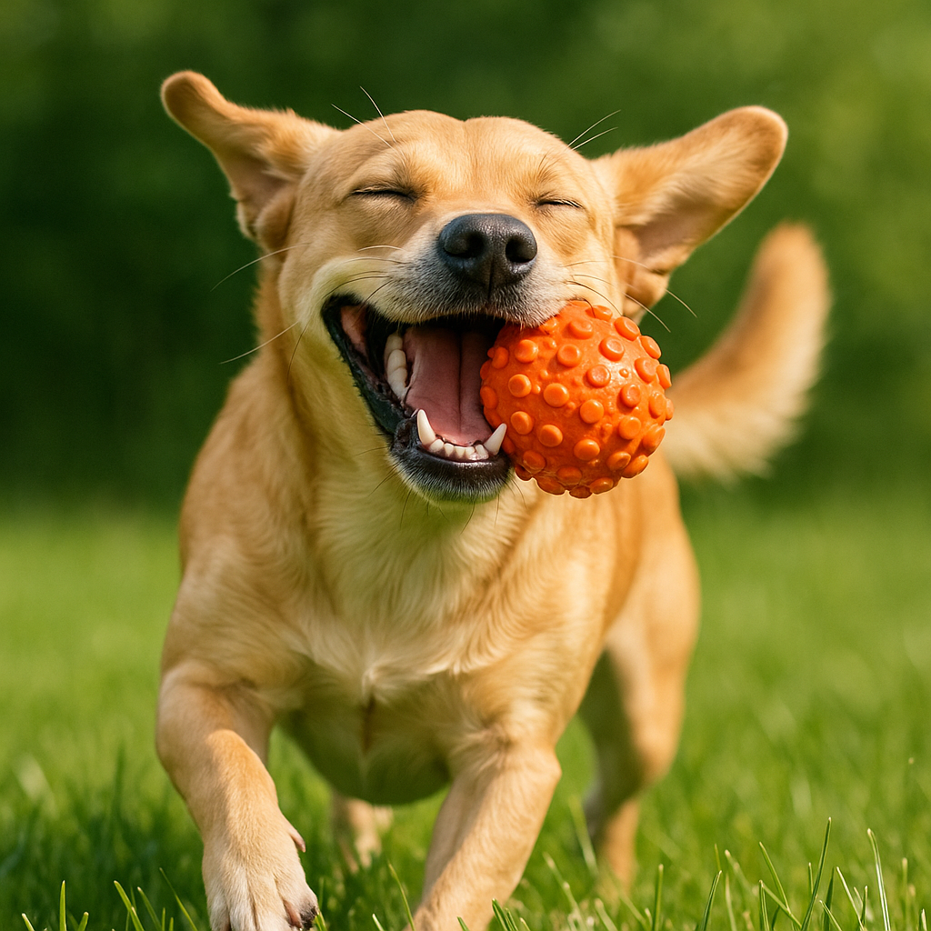 A happy dog playing with an indestructible dog toy