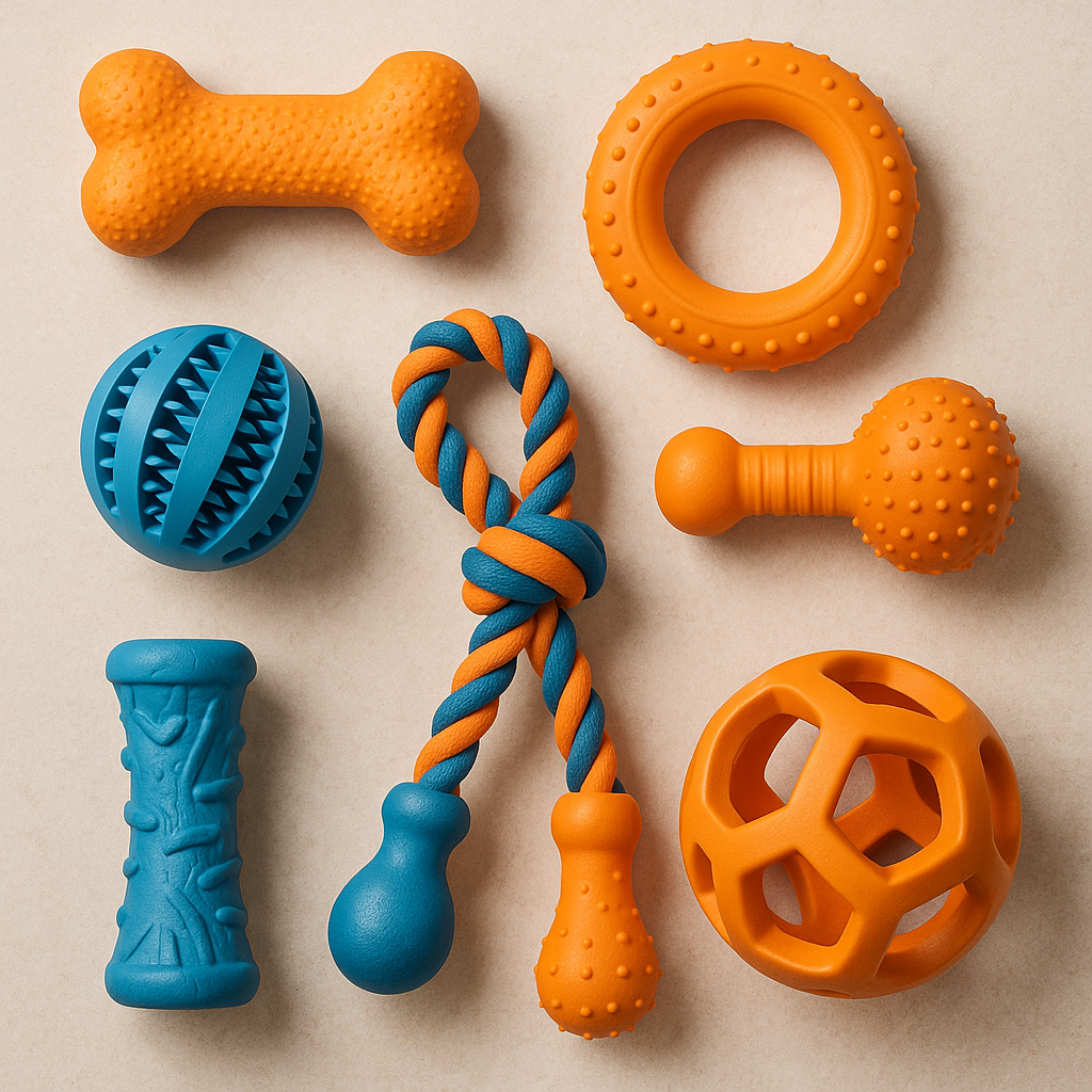 A variety of indestructible dog toys