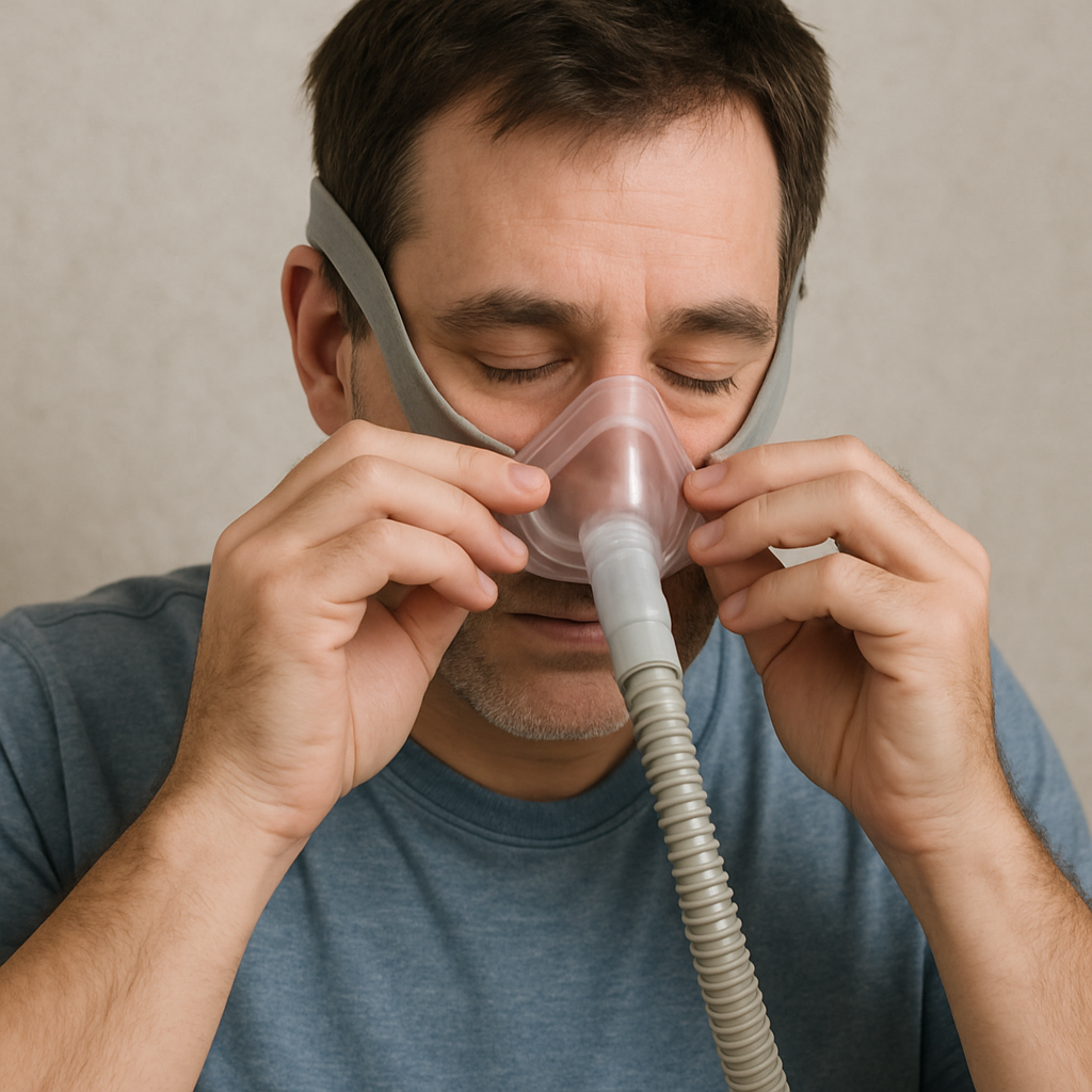 Person adjusting a CPAP mask