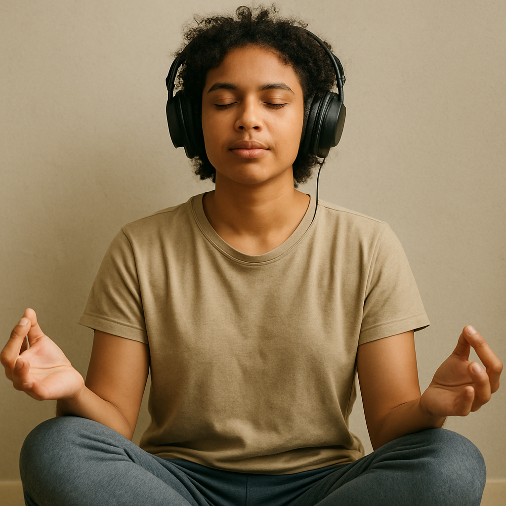Person meditating with headphones on