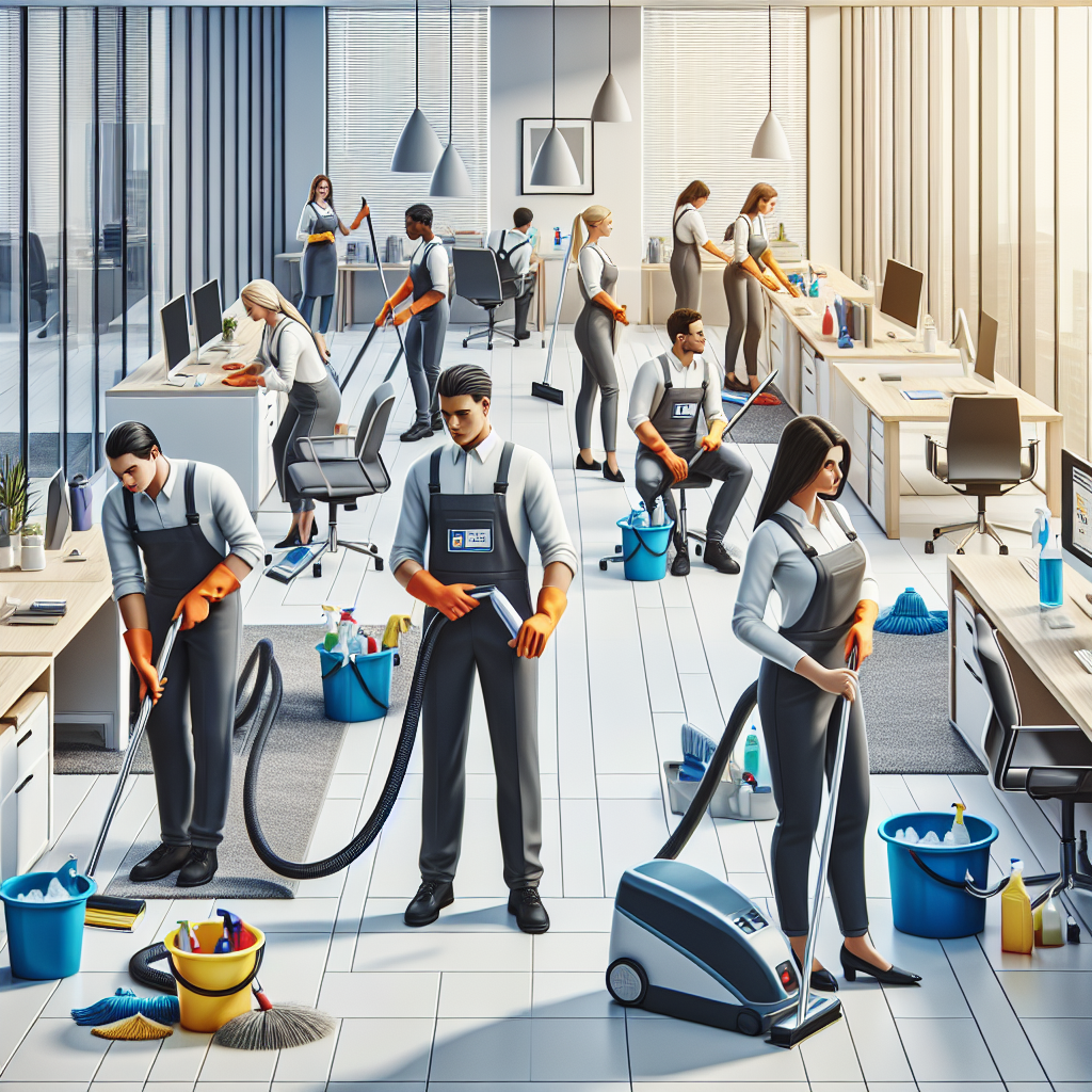 Equipe de limpeza profissional trabalhando em um escritório moderno. Funcionários uniformizados utilizando equipamentos e produtos de limpeza, como aspiradores de pó, esfregões, baldes e luvas, para higienizar mesas, pisos e janelas. Ambiente corporativo iluminado, organizado e bem cuidado, destacando o serviço de empresas terceiro