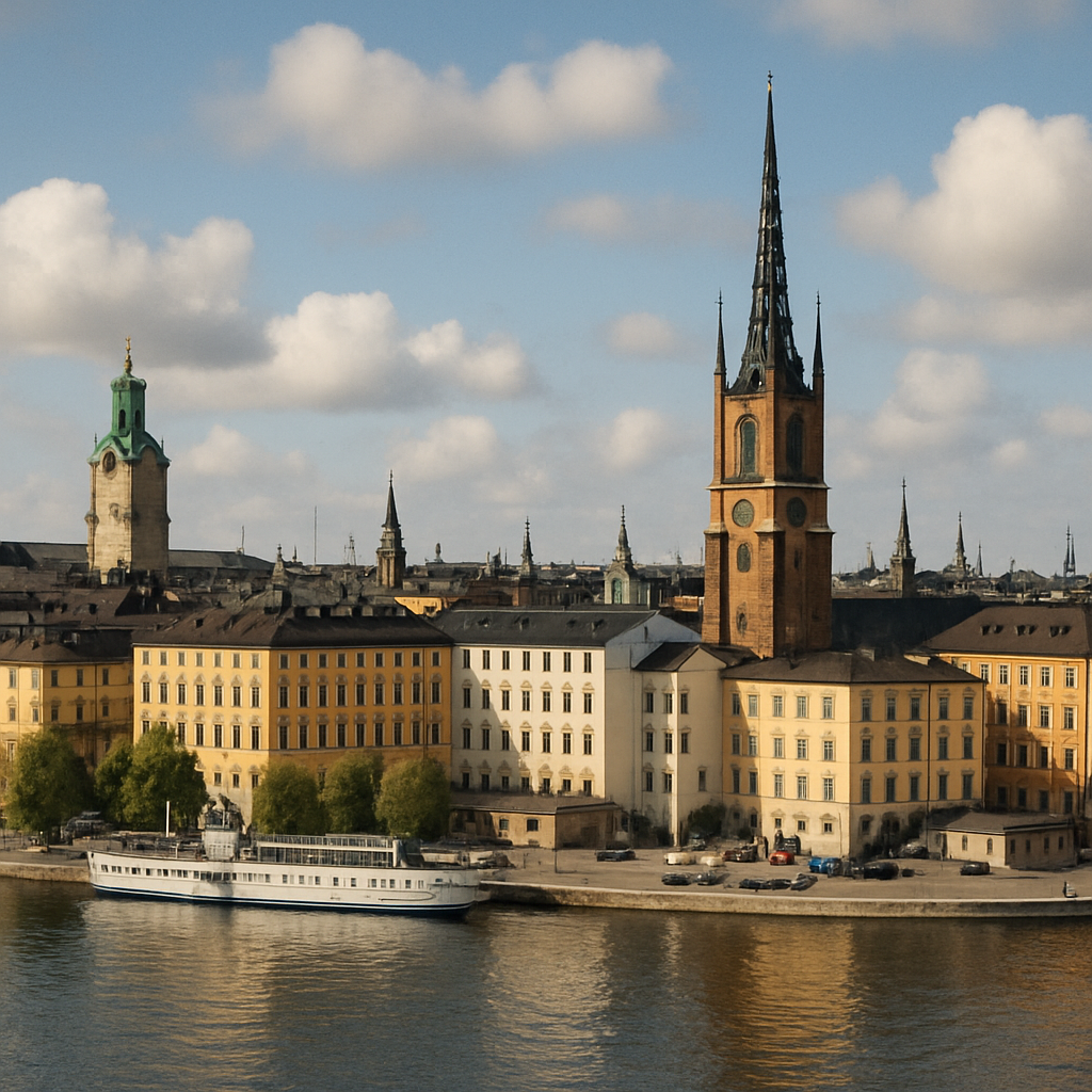 Stockholm cityscape with historical buildings and water bodies