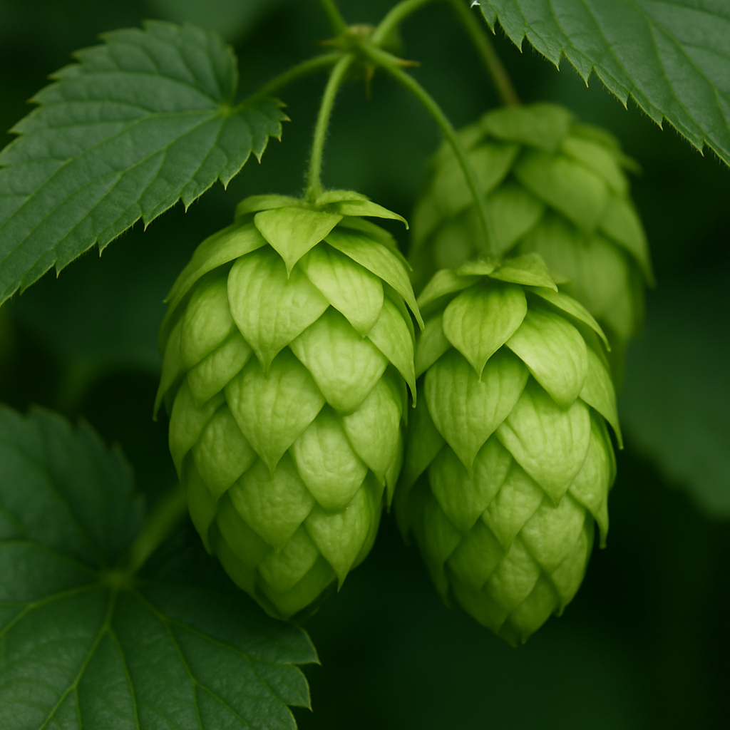 Close-up of hops strobiles on the vine