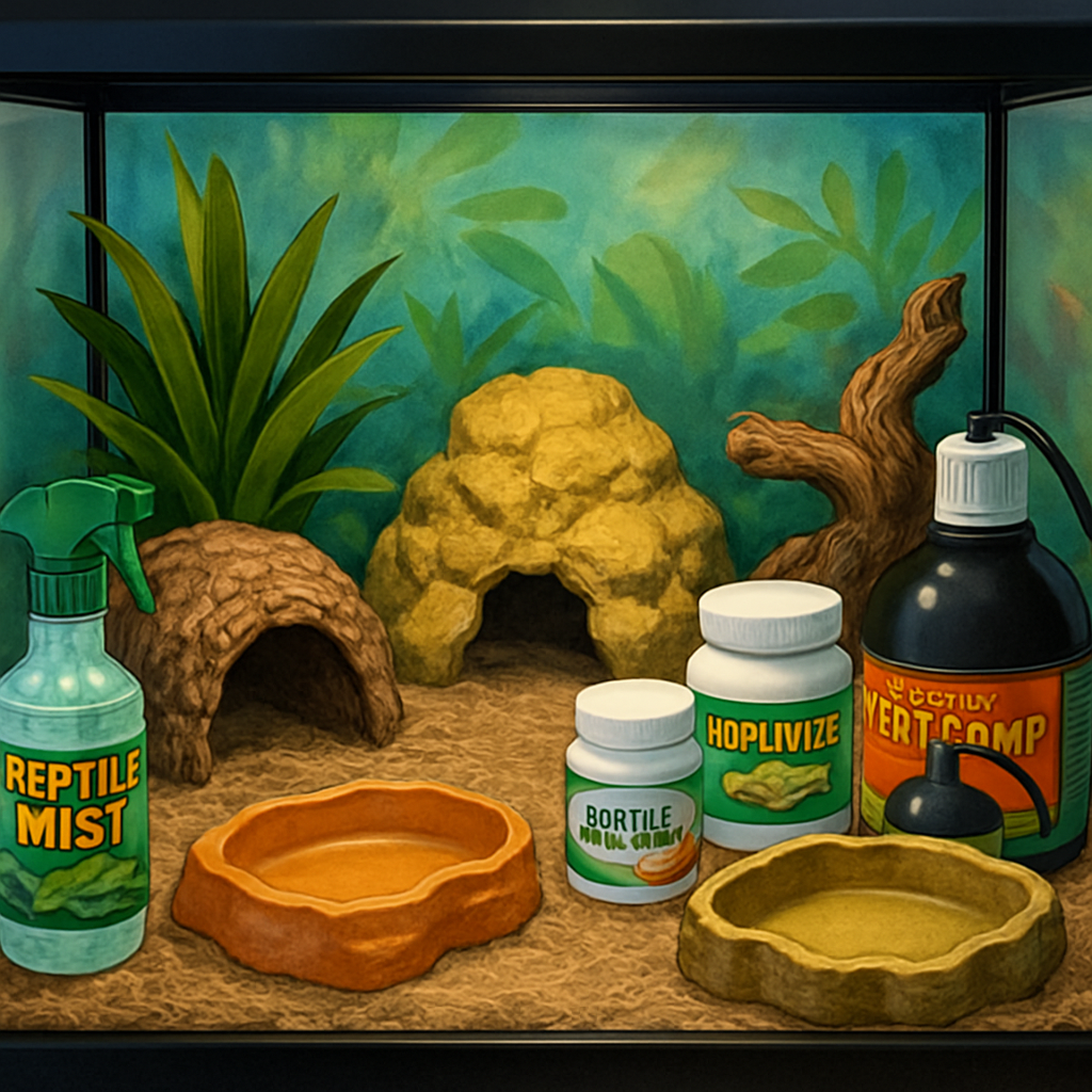 A colorful terrarium setup with various reptile supplies