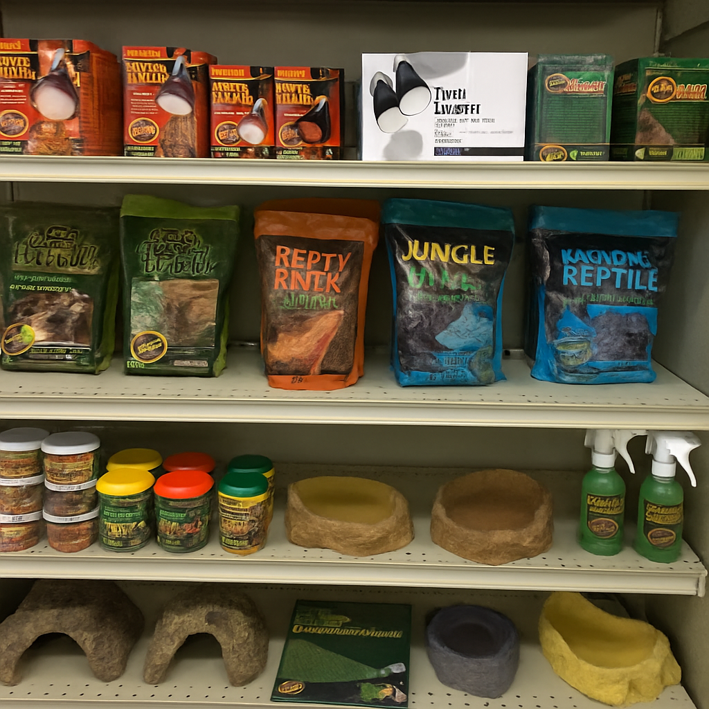Various reptile supplies displayed in a store