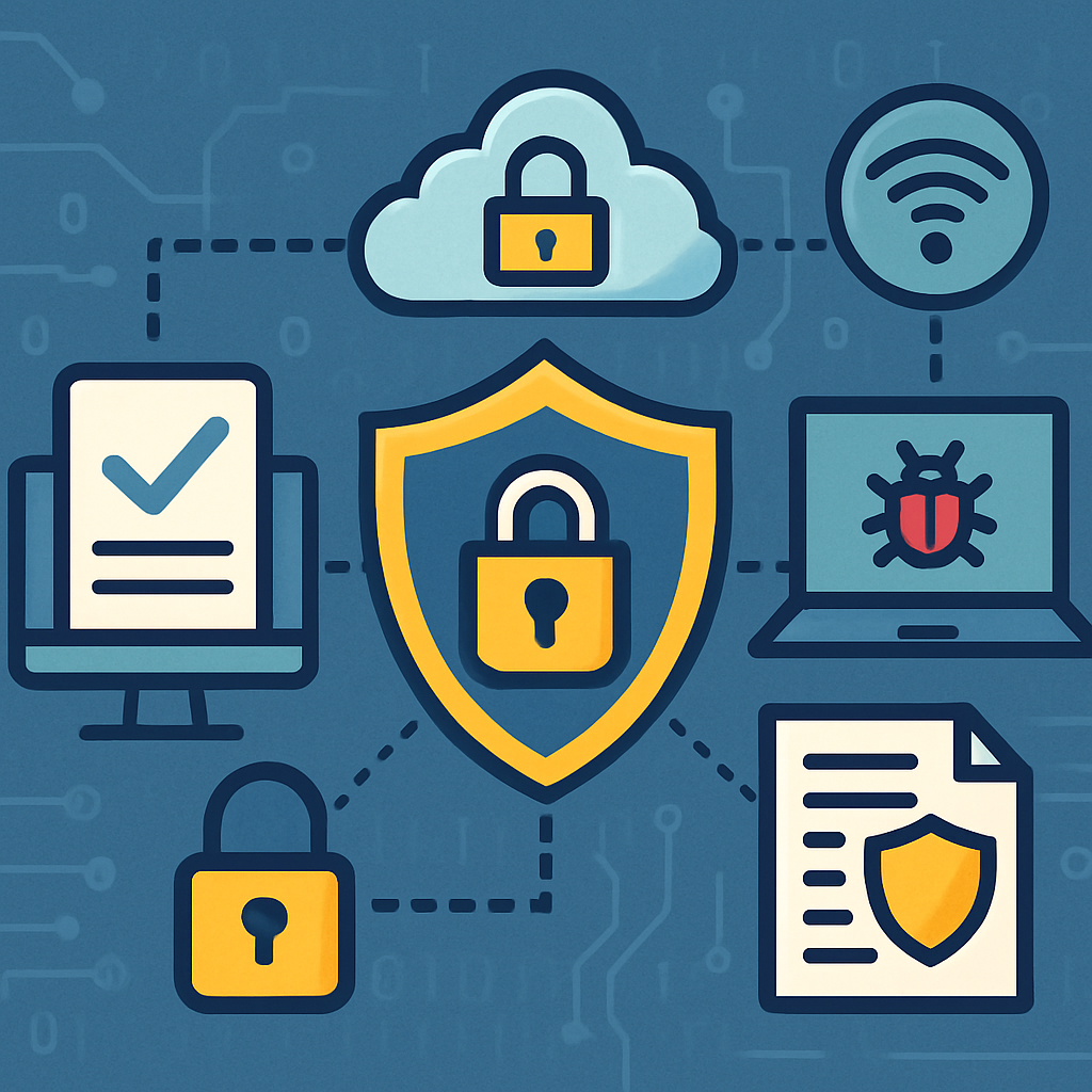 A secure digital landscape with various elements representing cyber protection