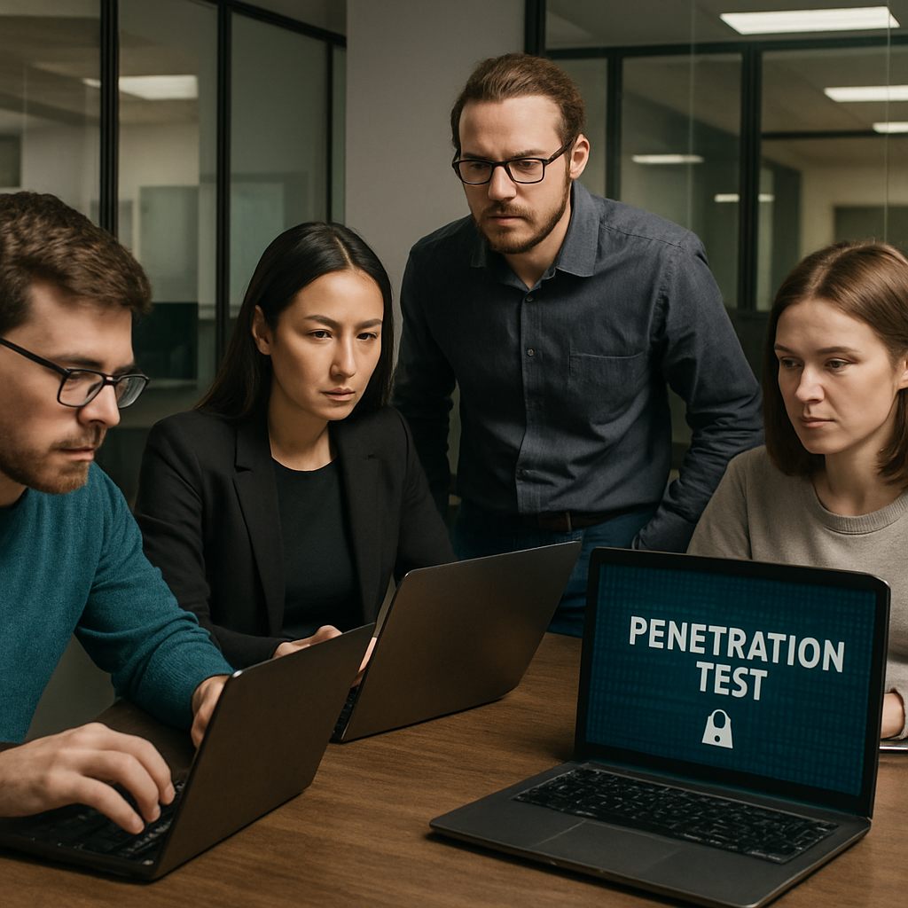 A team of cybersecurity experts conducting a penetration test in a modern office setting