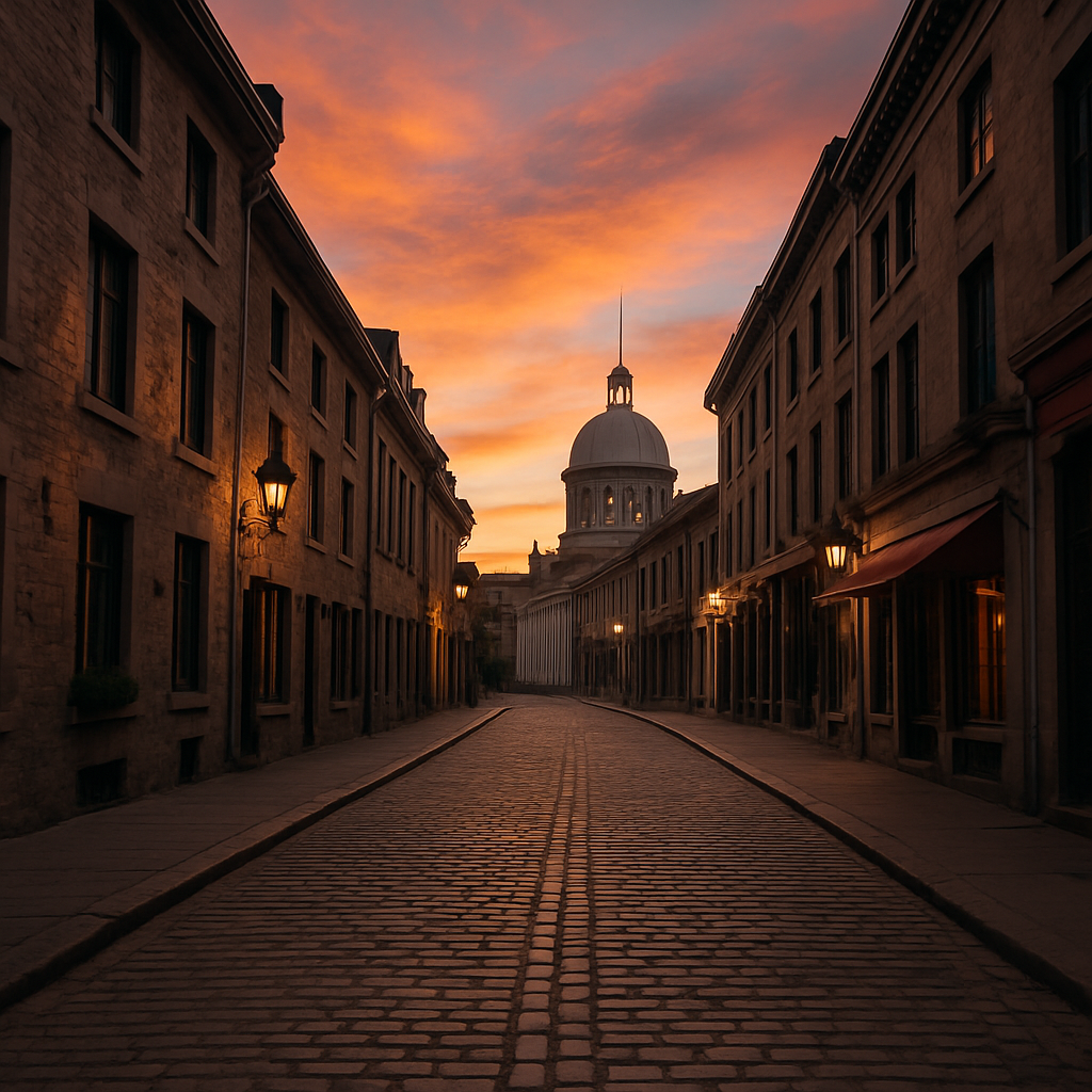 Historic cobblestone streets of Old Montreal at sunset
