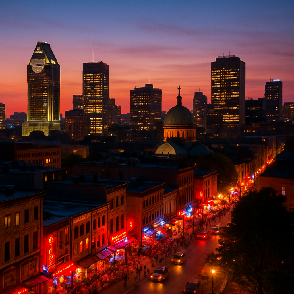 Evening cityscape of Montreal with vibrant nightlife