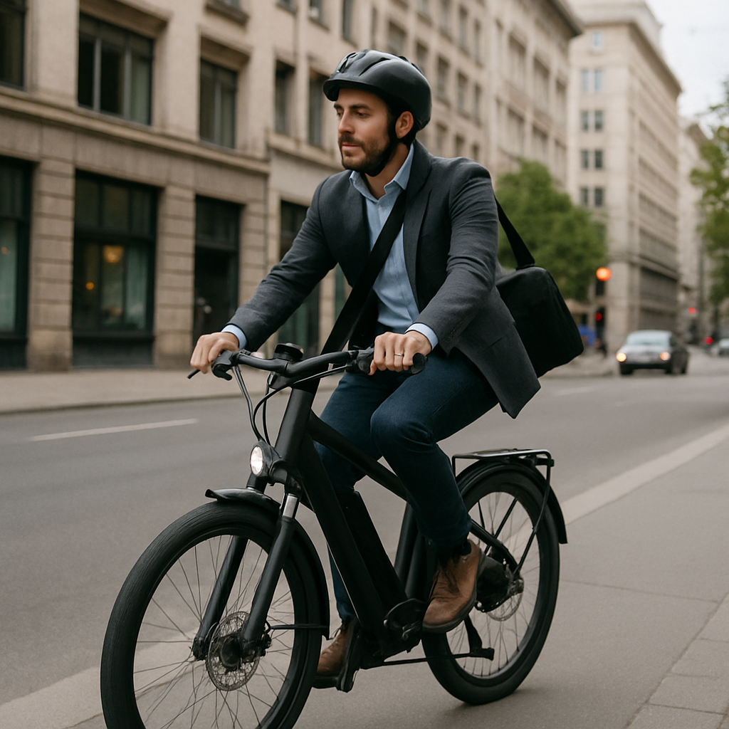 Commuter riding an electric bike in a city