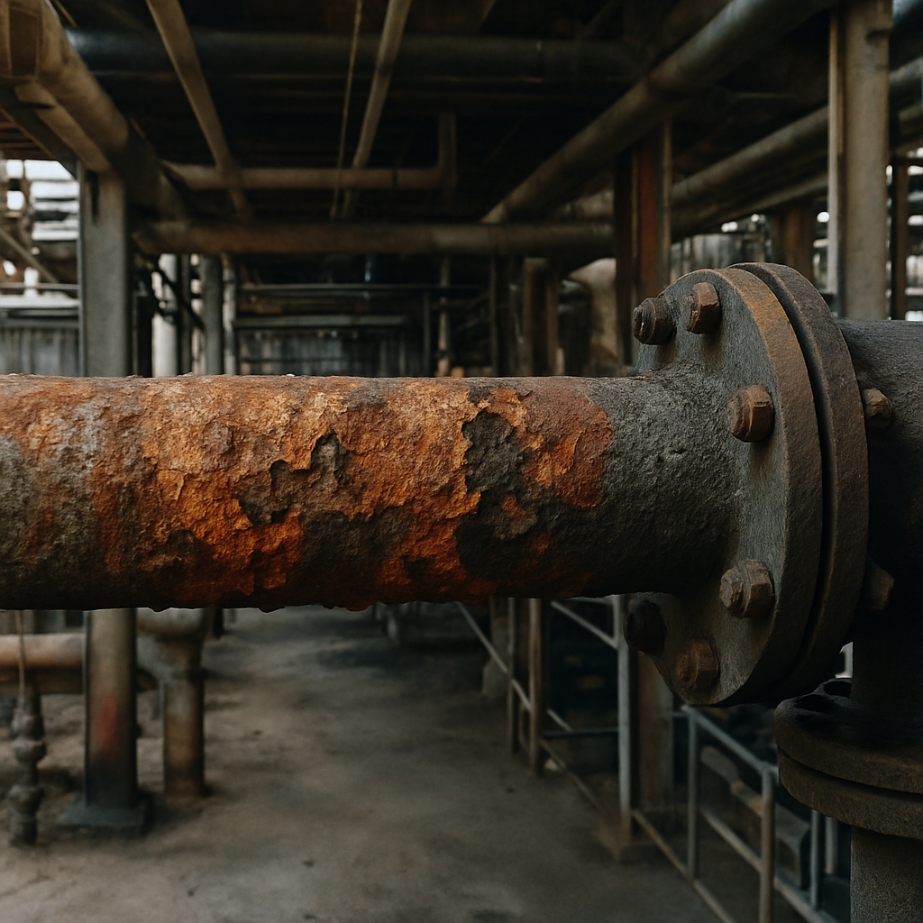 Corroded steel pipe in industrial setting