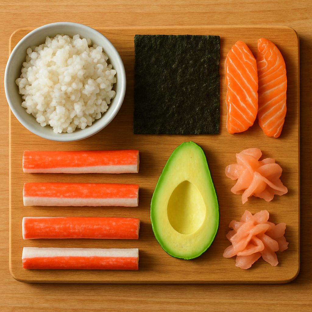 sushi ingredients on a cutting board