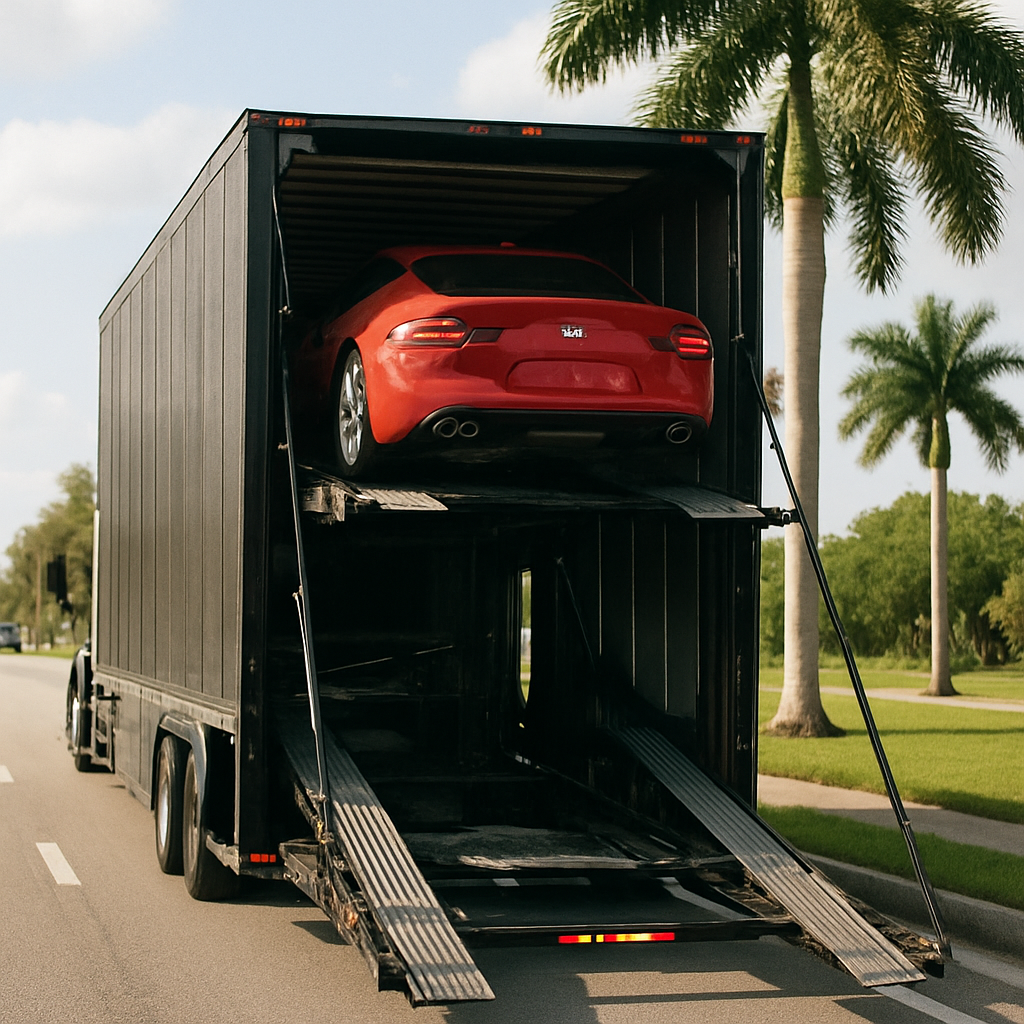 Enclosed carrier auto transport service in action in Florida |Luxury Auto Transport