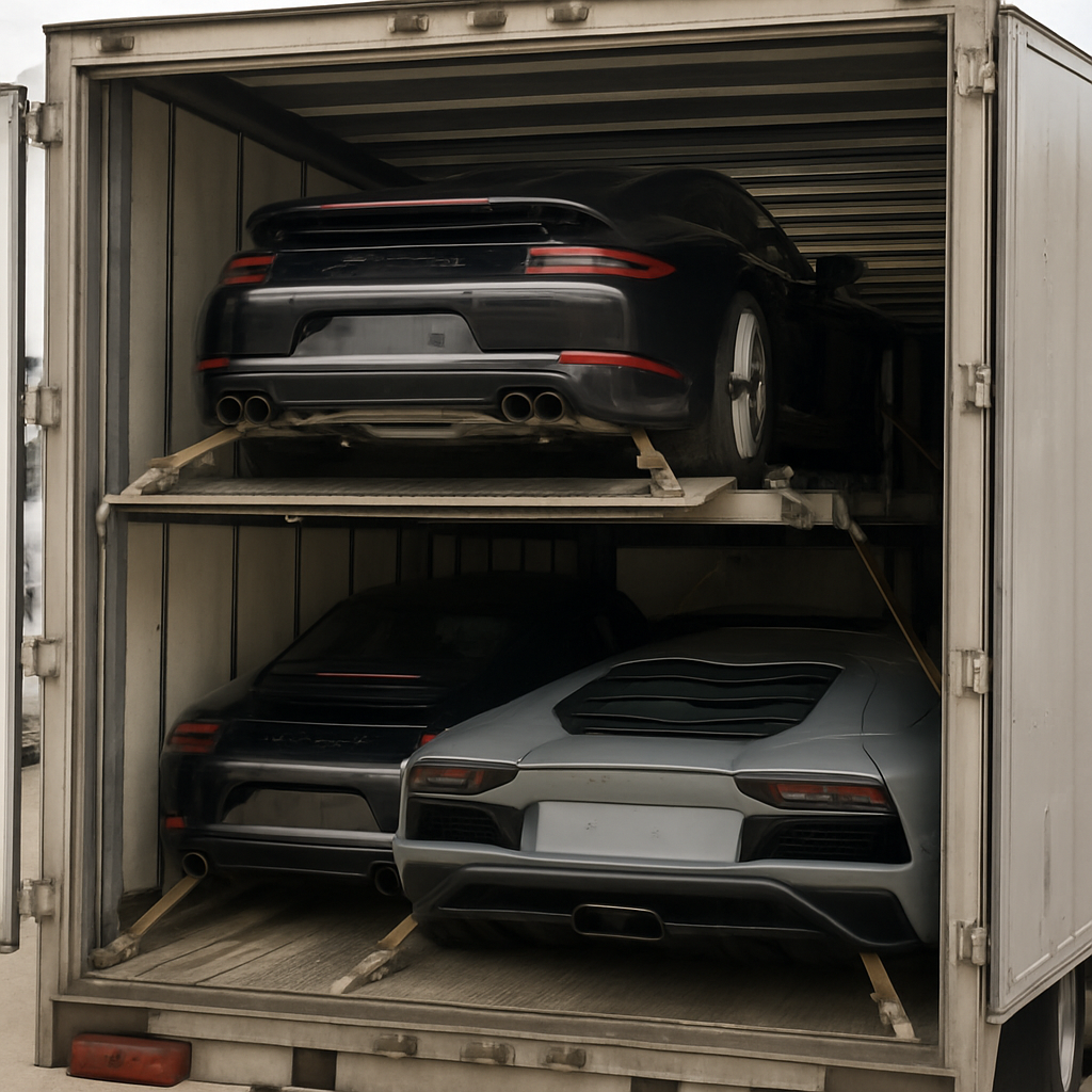 An enclosed auto transport carrier securing luxury vehicles|Luxury Auto Transport