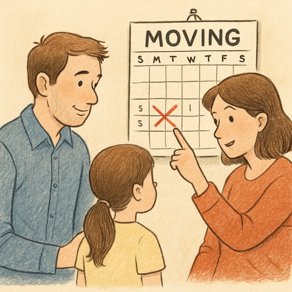 Family reviewing moving plans with calendar
