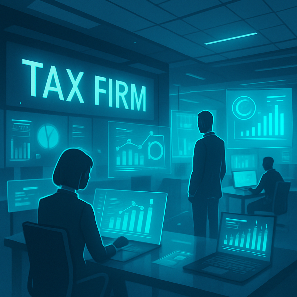 A futuristic tax firm office with digital screens and holograms