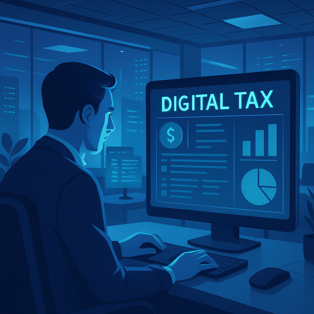 A futuristic office with digital tax software in use