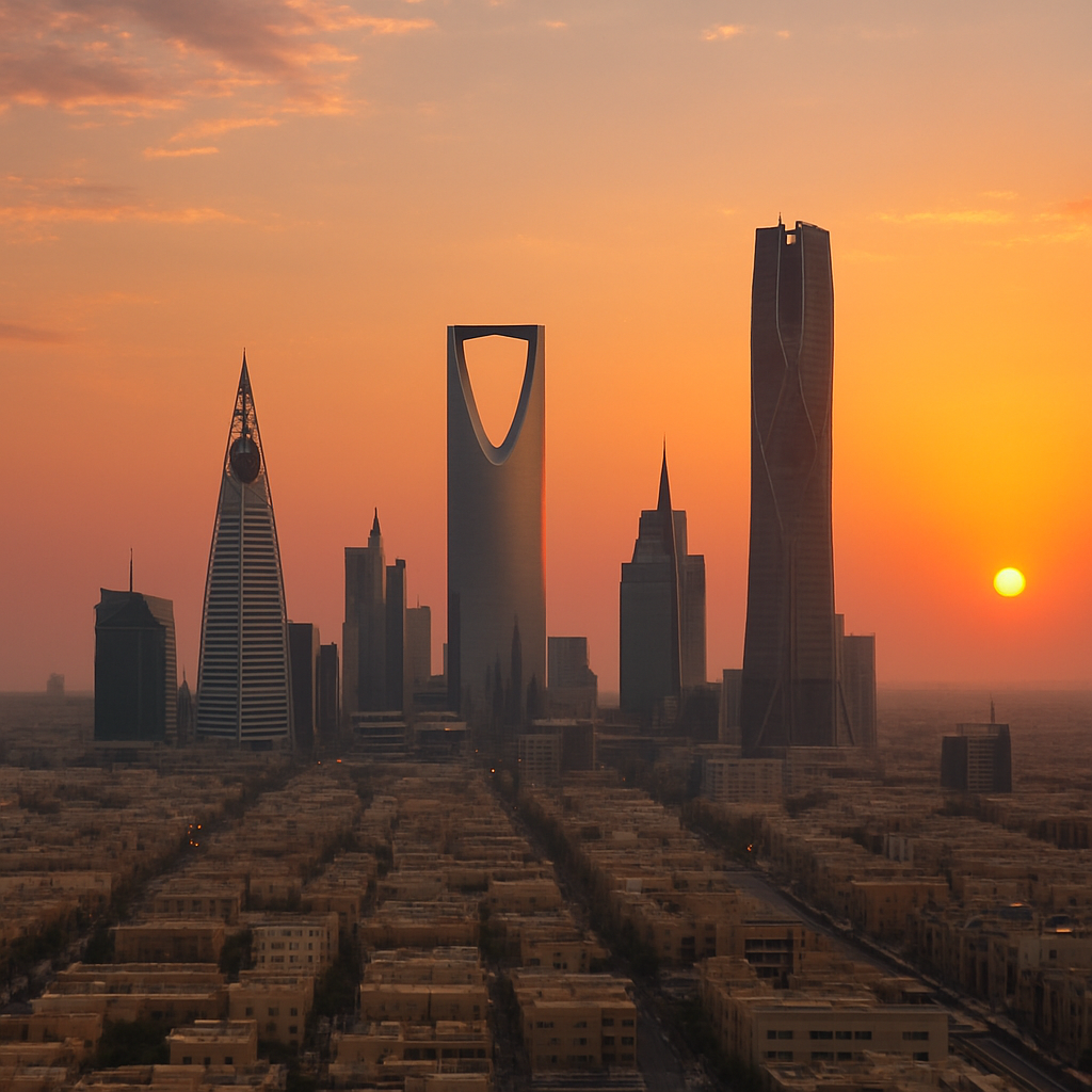 A panoramic view of Riyadh's skyline at sunset