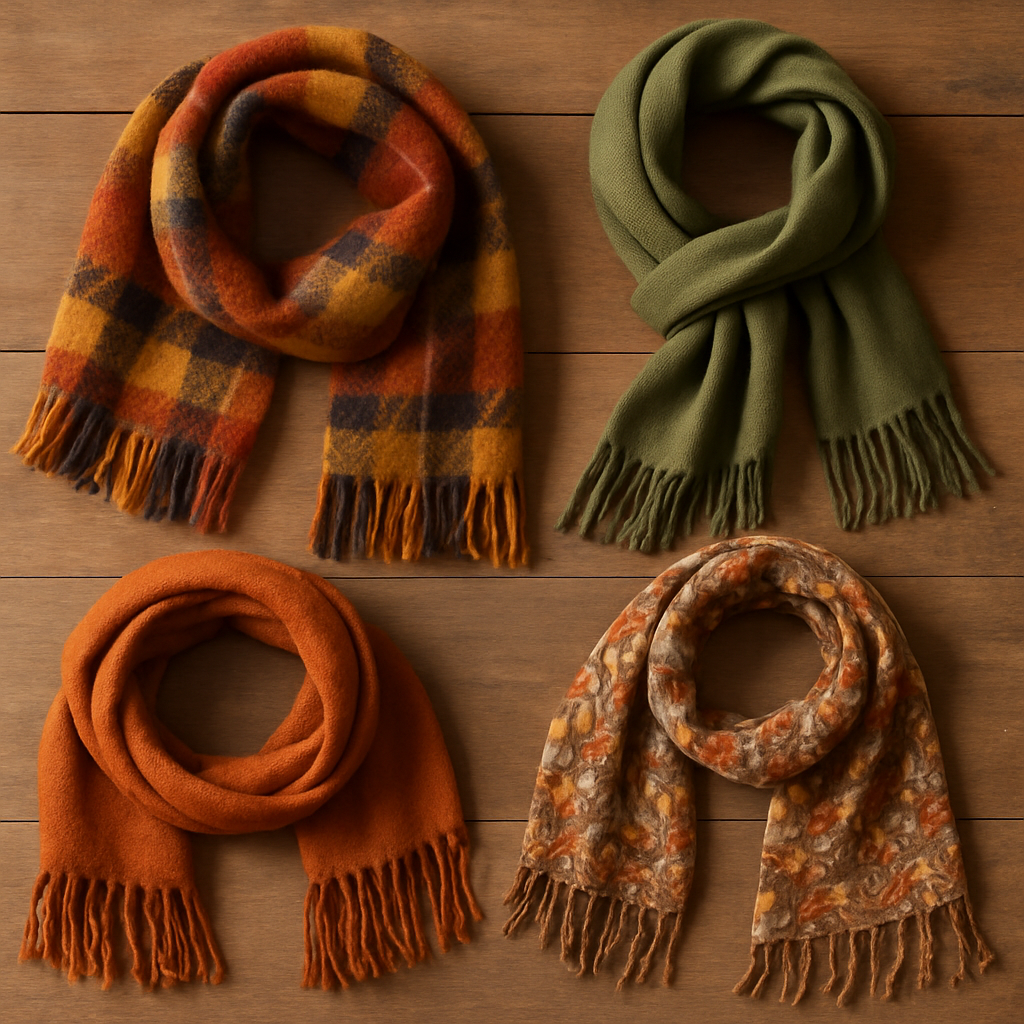 Flat lay of 4 cozy fall scarves