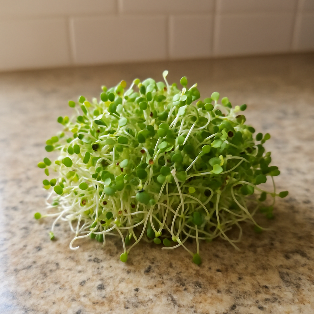 Broccoli sprouts on a kitchen counter