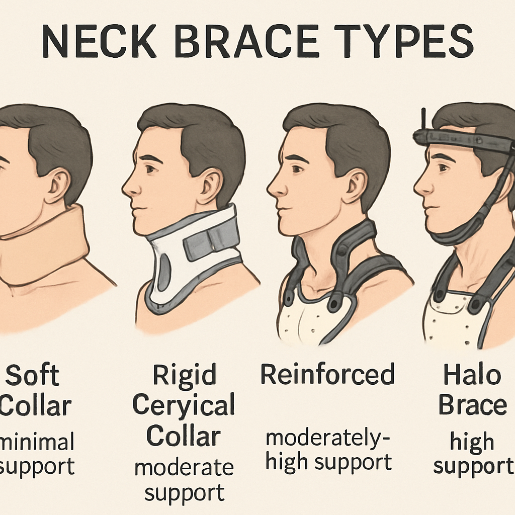 Illustration of different neck brace types and their supportive roles