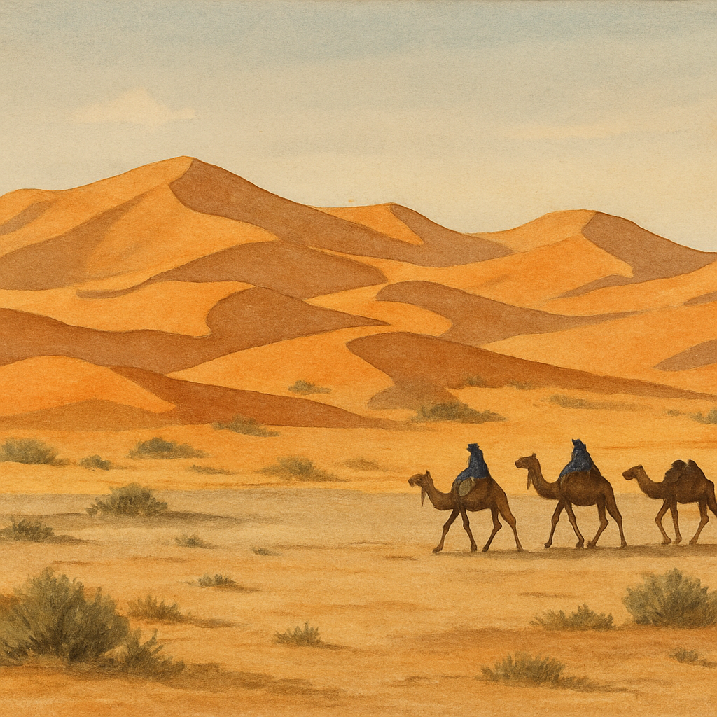 Paisaje de Marruecos con dunas y camellos