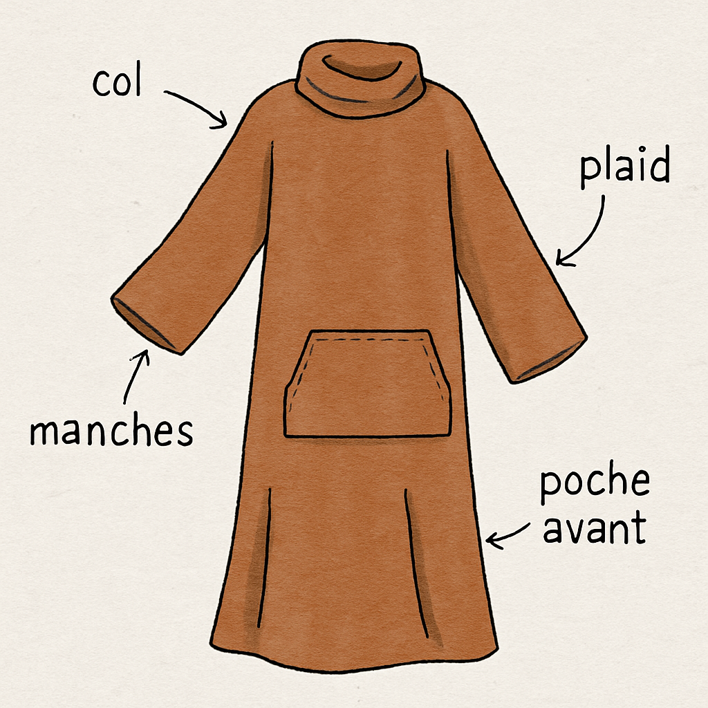 Illustration d'un plaid avec manche détaillant ses éléments