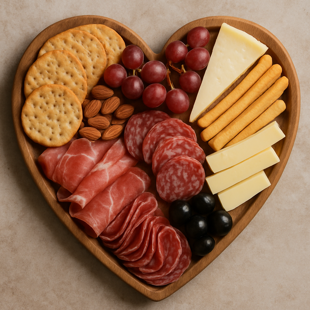 Heart-shaped charcuterie board with assorted snacks