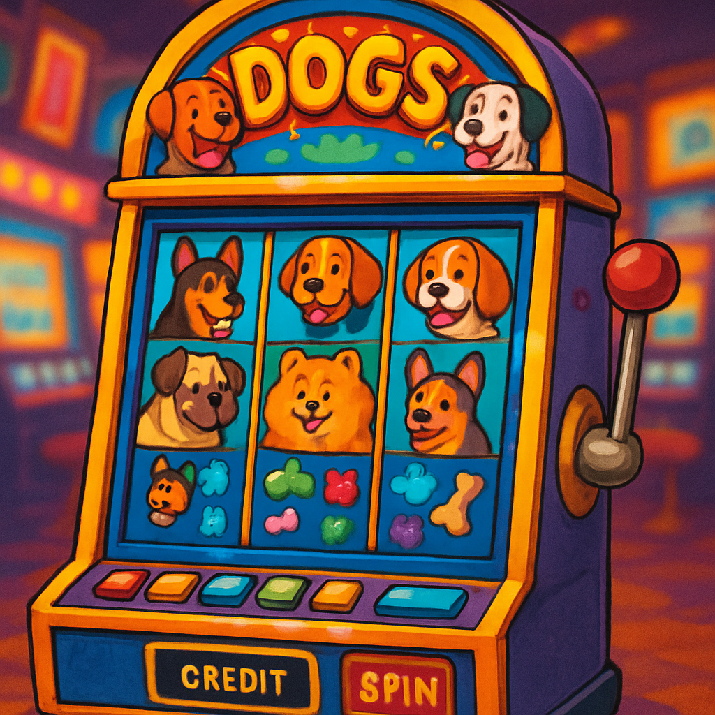 A colorful casino slot machine with dogs