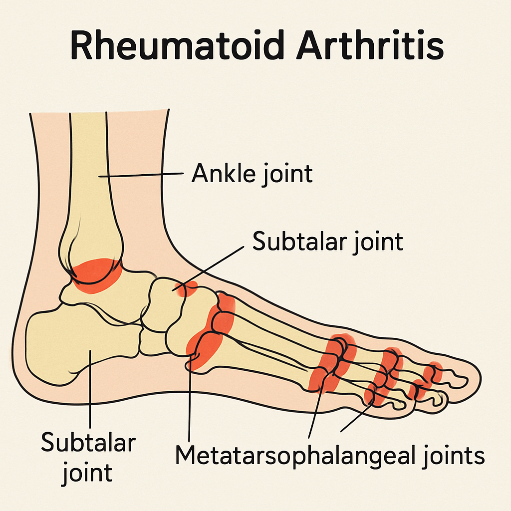 Diagram of foot anatomy highlighting joints affected by rheumatoid arthritis