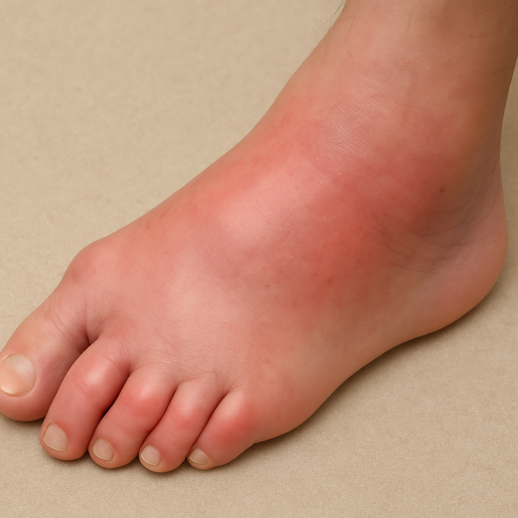 Image of a foot showing swelling and redness as symptoms of RA