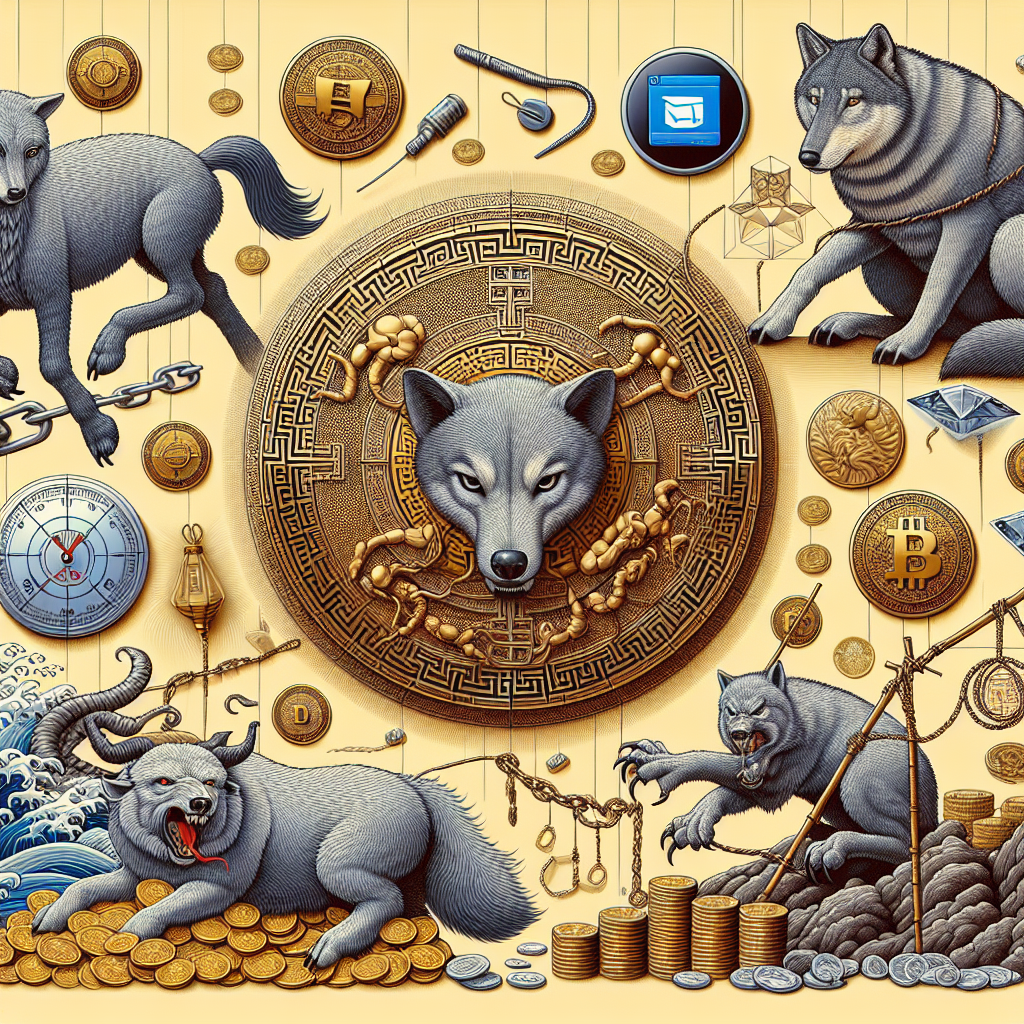 Illustration of wolves amidst cryptocurrency symbols, coins, and tools, representing the evolving landscape of crypto scams and the dangers of anonymity in blockchain transactions.