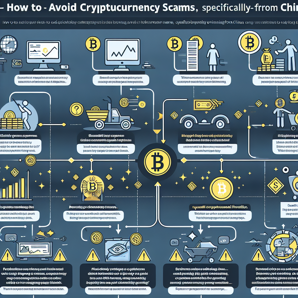 Infographic illustrating strategies to avoid cryptocurrency scams, emphasizing tactics used by scammers, including monitoring investments, verifying project legitimacy, and recognizing warning signs, specifically targeting scams from China.