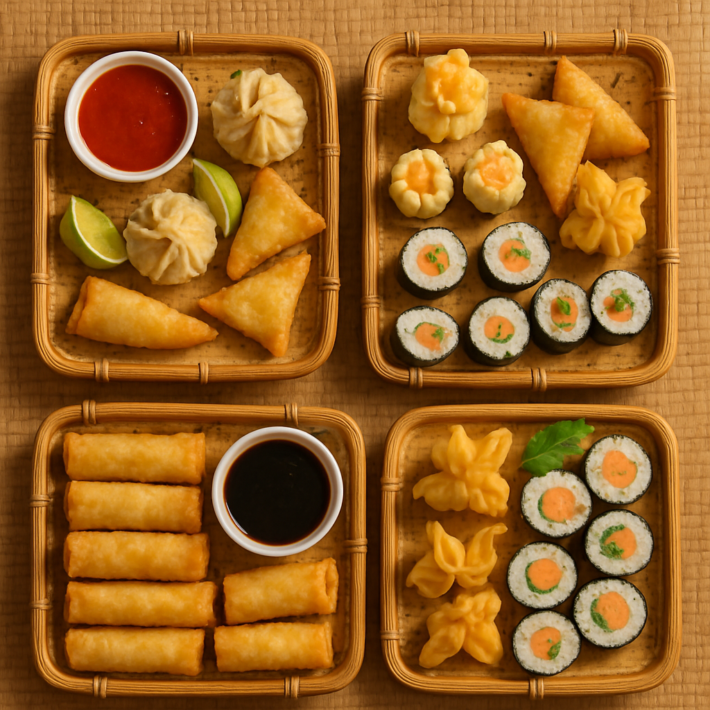 Decorative Asian appetizers served on bamboo trays