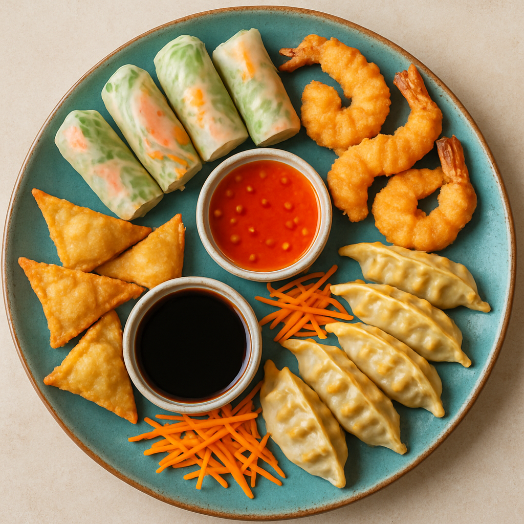 Colorful platter of Asian appetizers with dipping sauces