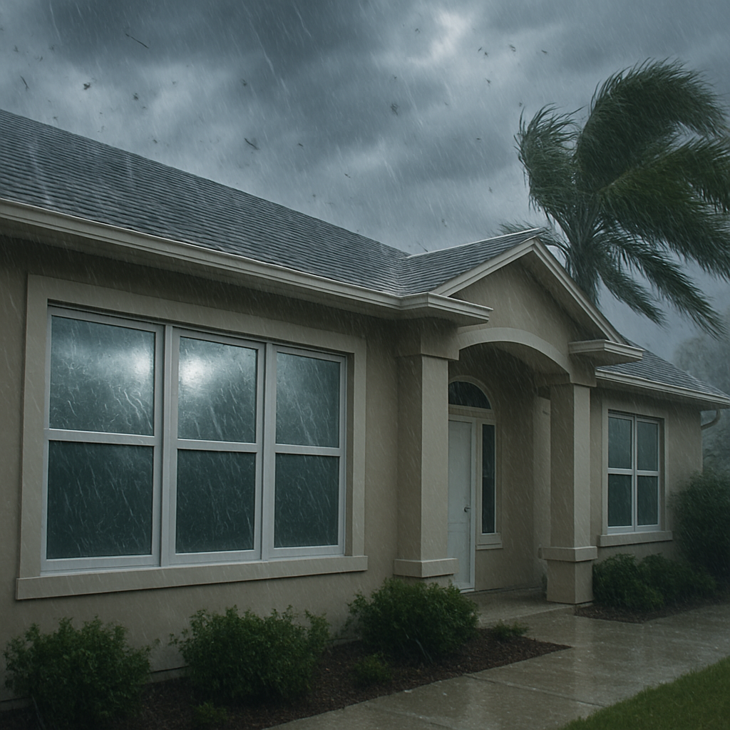 Impact-resistant windows protecting a home during a storm