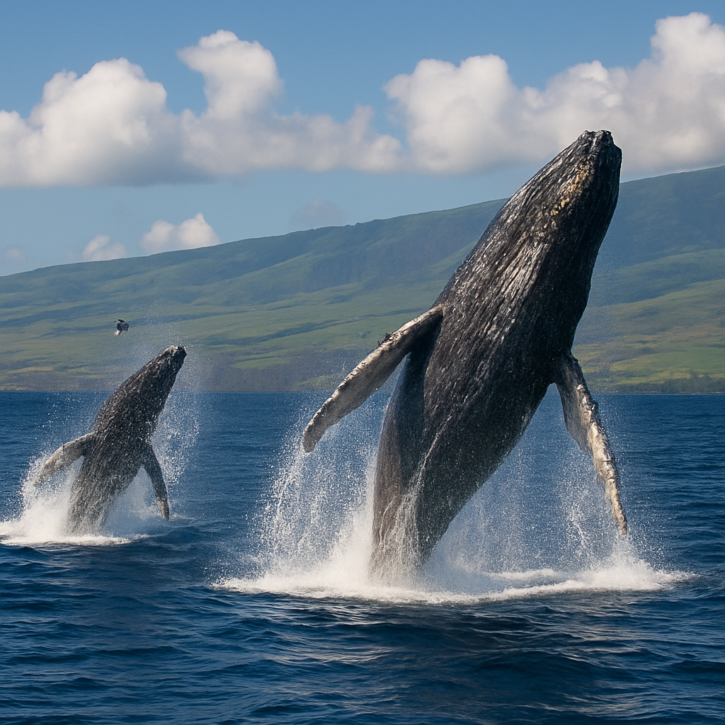 Humpback whales breaching in Hawaii waters