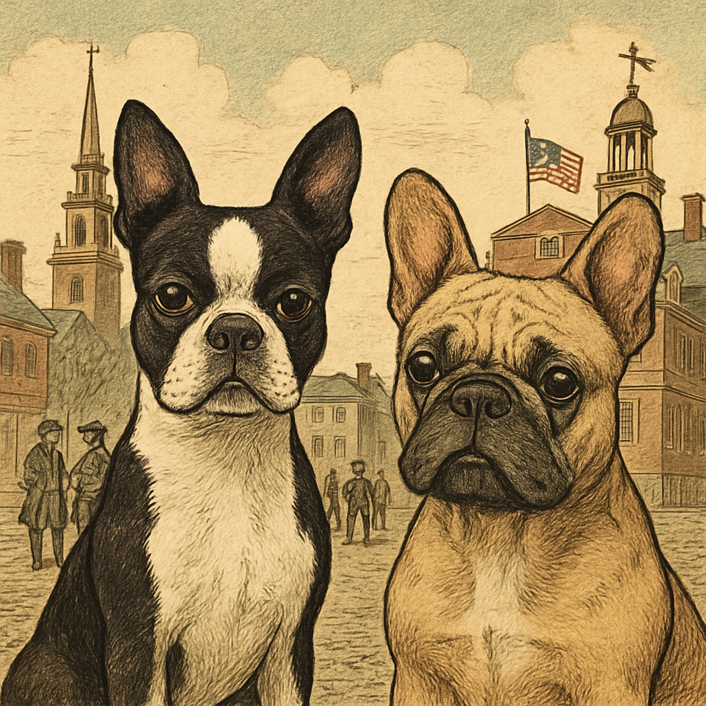 Illustration of Boston Terrier and French Bulldog with historical background