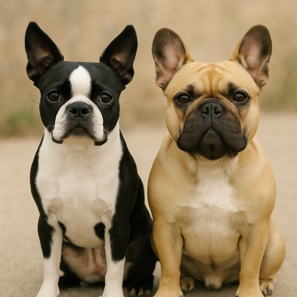 Boston Terrier and French Bulldog sitting side by side