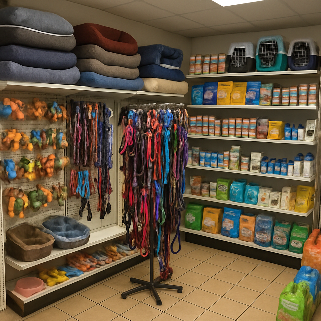 Pet shop interior with a variety of pet supplies