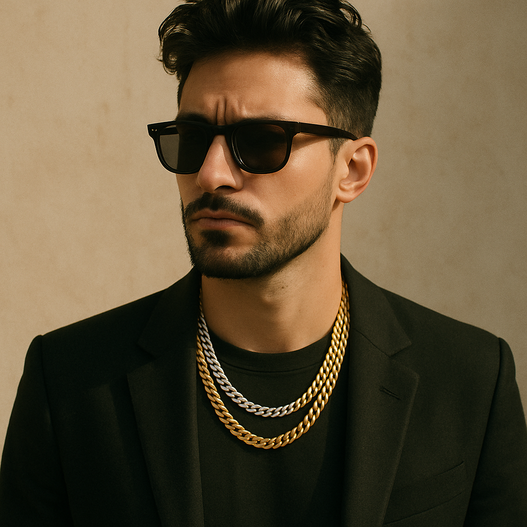 Stylish man wearing a silver and gold chain necklace