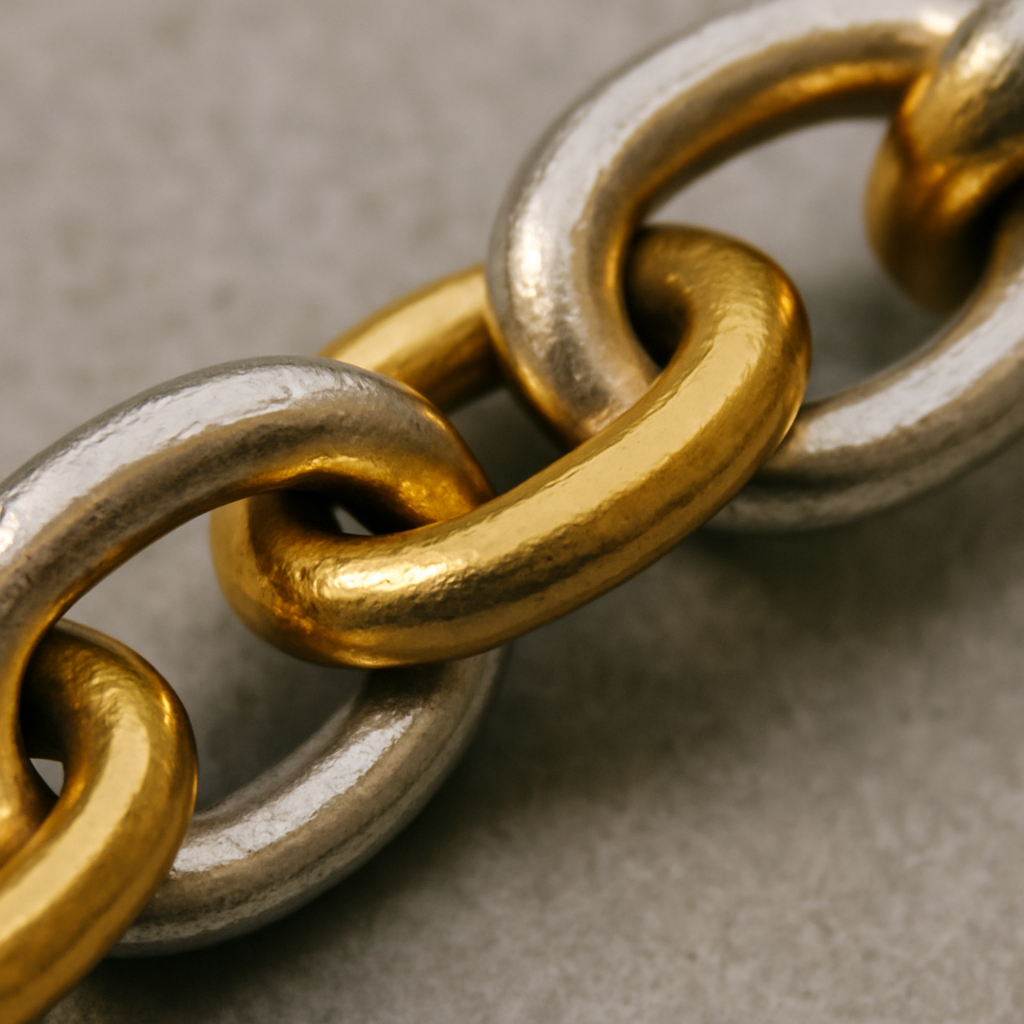 Close-up of a silver chain with gold accents