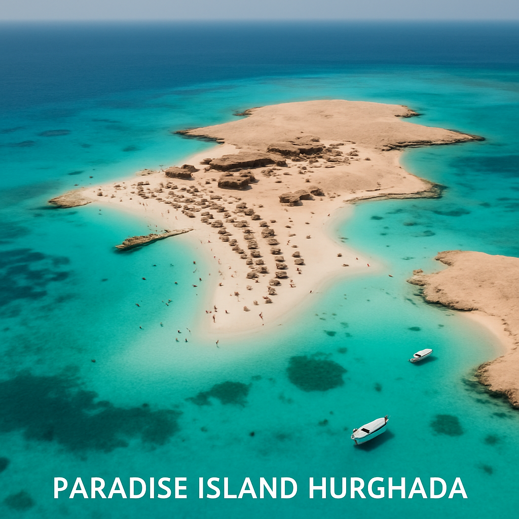 Aerial view of Paradise Island Hurghada with turquoise waters and white sandy beaches