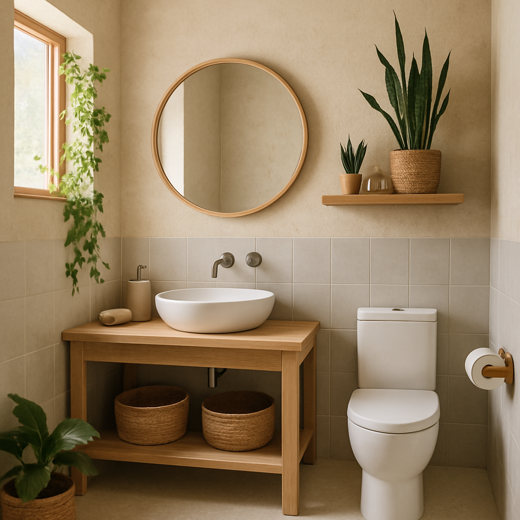 Smart mirror with touch controls in modern bathroom